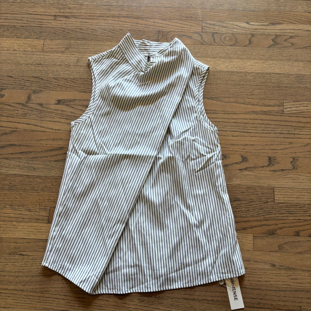 Commense XS Blue White Striped Sleeveless Mock Neck Wrap Front Blouse NWT